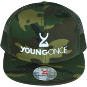 Young Once Embroidered Snapback Hat Camo front view