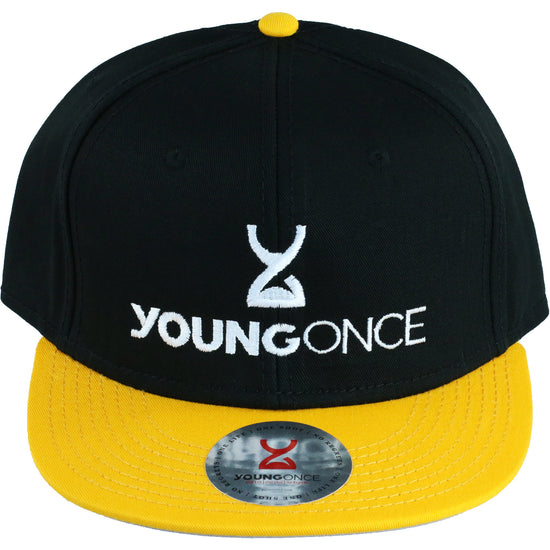 Young Once Embroidered Snapback Hat Yellow-Black front view