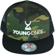 Young Once Embroidered Snapback Hat Black-Camo front view