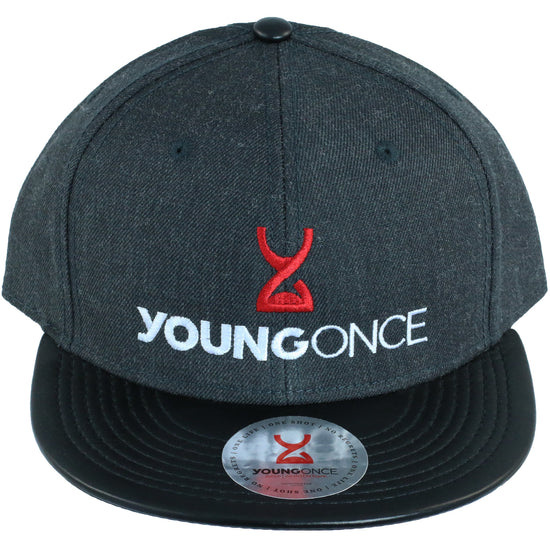 Young Once Embroidered Snapback Hat Black-Gray front view